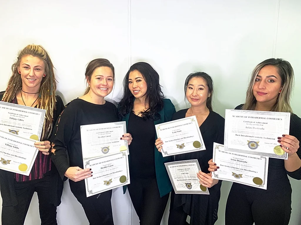 Hotaru and students holding their permanent makeup certificates